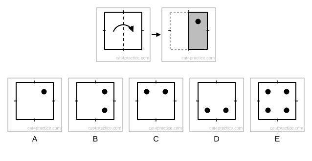 A square with a dashed line down the middle, and an arrow showing the left half folding over onto the right half. Next, the folded paper with a hole punched near its top. Five opened-out squares as options: A one hole at the top right, B two holes on the right side, one above the other, C two holes along the top, D two holes along the bottom, E four holes