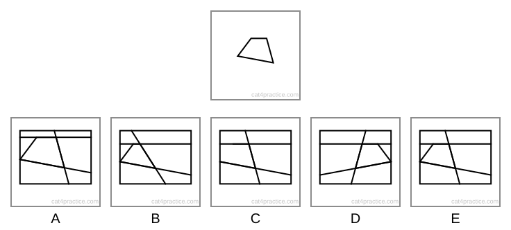 The target: a four-sided shape with a short flat top, a long bottom that slopes gently down to the right, a left side that slants up to the right, and a nearly upright right side that leans out at the bottom. Below it, five rectangles, each crossed by a line across near the top, a line from the top edge to the bottom edge and a long gently sloping line; in four of them a short slanting line joins an edge to the line across.