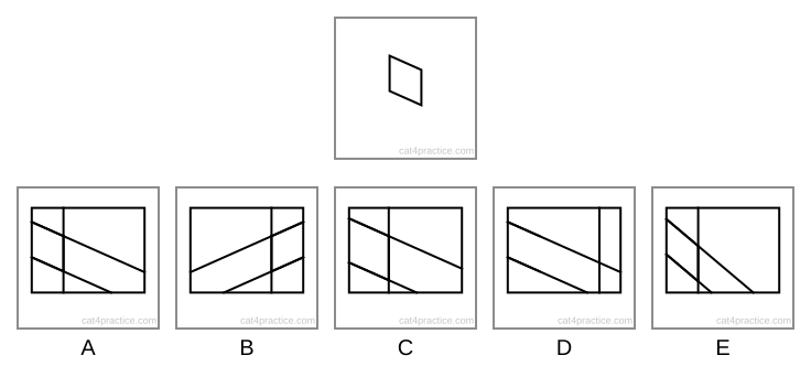 The target: a four-sided shape with two upright sides of the same length and a top and bottom that both slope down to the right. Below it, five rectangles, each crossed by an upright line and two sloping lines.