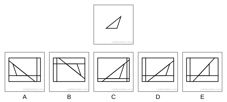 The target: a long, thin triangle with a flat bottom side and its top corner further to the right than the right end of its bottom side. Below it, five rectangles, each with a long sloping line, a line across, a short line between them and an upright line near one side.