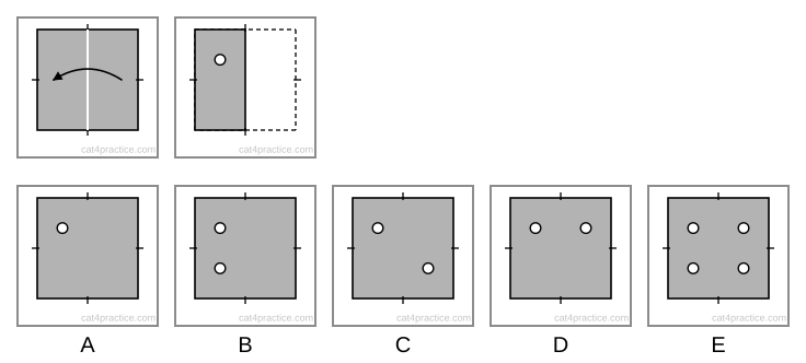 A grey square of paper with a white crease down the middle and an arrow folding the right half over the left. Then the folded paper, a tall rectangle on the left, with a hole near its top. Options: A one hole top left; B two holes on the left, one high and one low; C one hole top left and one bottom right; D two holes at the same height, one on each side; E four holes.