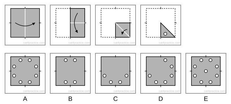 A grey square with a white crease down the middle and an arrow folding the left half over the right. Then the folded paper with a crease across the middle and an arrow folding the top half down. Then the small folded square, in the bottom right quarter, with a crease from its top left corner to its bottom right corner and an arrow folding its top right half down over its bottom left half. Then the folded triangle with one hole near its bottom edge. Options A to E show the opened square with four to nine holes.