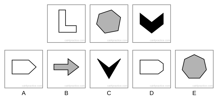 Three figures: a white L shape, a grey uneven six-sided shape, a black V shape. Options: A a white shape with a pointed right end; B a grey arrow; C a black arrowhead pointing down, like the V shape without its short upright ends; D a white shape with its two right corners cut off; E a grey shape with seven equal sides.