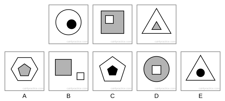 Three figures, each a big shape with a small shape inside: a white circle with a small black circle; a grey square with a small white square; a white triangle with a small grey triangle. Options: A a white hexagon (6 sides) with a small grey pentagon (5 sides) inside; B a grey square with a small white square outside it, below and to the right; C a white pentagon with a small black pentagon inside; D a grey circle with a small white square inside; E a white triangle with a small black circle inside.