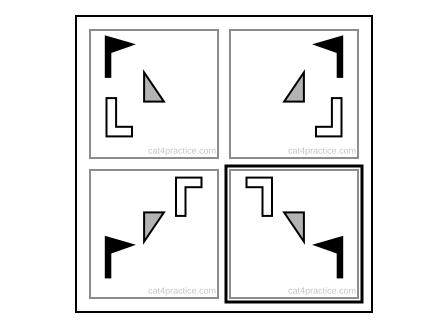 The two-by-two square with the answer, D, in the bottom right box, where the question mark was; that box has a thick frame.