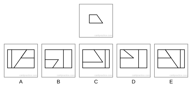 The shape to find: a four-sided shape with a flat top, an upright left side, a flat bottom longer than the top, and a right side sloping out as it goes down. Below it, five images, each a rectangle divided by a few lines.