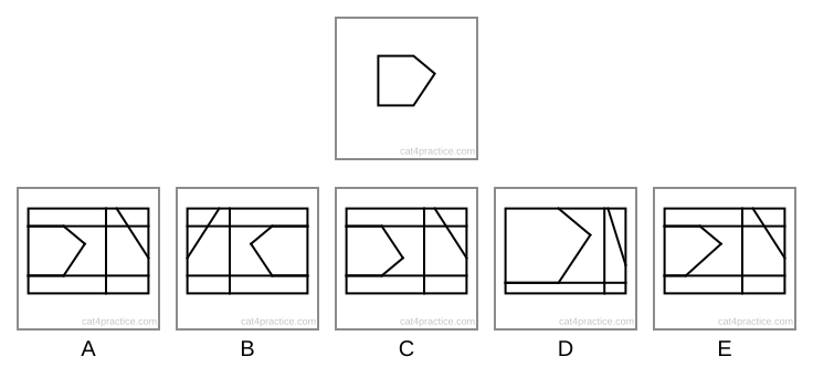 The shape to find: a five-sided shape with a flat top and a flat bottom of the same length, an upright left side and a point on the right, nearer the top than the bottom. Below it, five images, each a rectangle divided by several lines, some of them going right across and some sloping.
