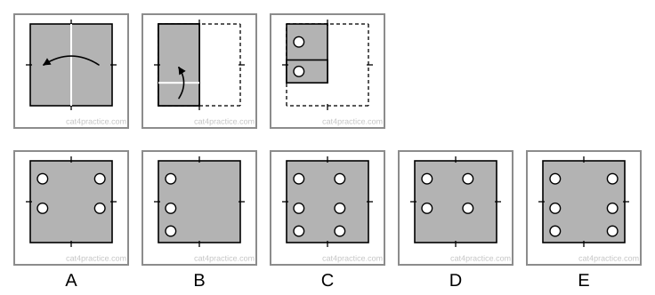 A grey square folded in half, right over left, then a strip at the bottom of the folded paper folded up, then the folded paper with two holes punched, one through the strip and one above it. Options A to E show the opened square with three to six holes.