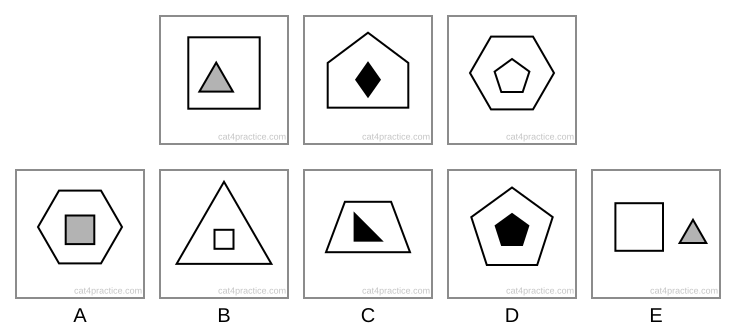 Three figures, each a white shape with a smaller shape inside: a square with a grey triangle; a five-sided house shape with a black diamond; a hexagon (6 sides) with a white pentagon (5 sides). Options: A a hexagon with a grey square inside; B a big triangle with a small white square inside; C a trapezium (4 sides, narrower at the top) with a black right-angled triangle (it has a square corner) inside; D a pentagon with a black pentagon inside; E a square with a grey triangle beside it, outside.