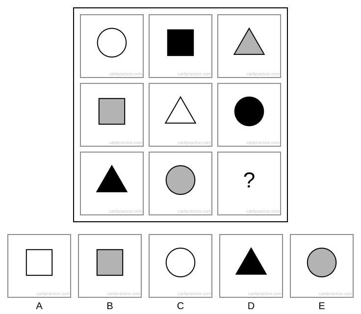 A three-by-three square. Row 1: a white circle, a black square, a grey triangle. Row 2: a grey square, a white triangle, a black circle. Row 3: a black triangle, a grey circle, a question mark. Options: A a white square; B a grey square; C a white circle; D a black triangle; E a grey circle.