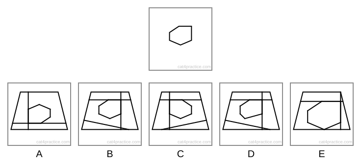 The target: a six-sided shape with a flat top, an upright right side, a cut-off top left corner and a bottom point in the middle. Below it, five images, each a trapezium (4 sides, narrower at the top) divided by several lines.