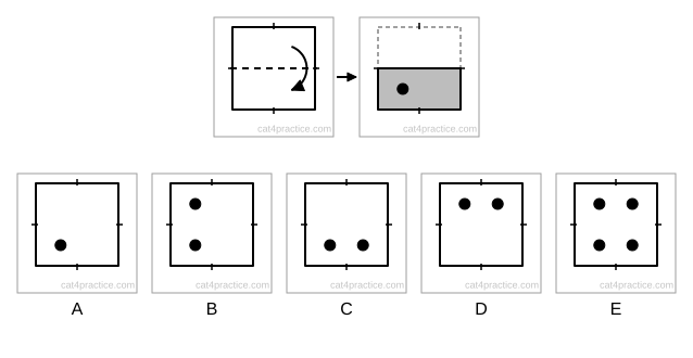 A square with a dashed line across the middle, and an arrow showing the top half folding down onto the bottom half. Next, the folded paper with a hole punched in it, towards the left. Five opened-out squares as options: A one hole, B two holes on the left, one above the other, C two holes side by side in the bottom half, D two holes side by side in the top half, E four holes