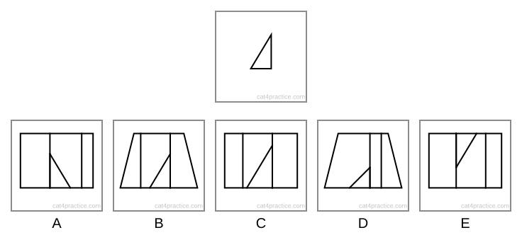 The target: a tall, thin triangle with a square corner at the bottom right. Below it, five images: three rectangles and two trapeziums, each crossed by two upright lines and one sloping line.