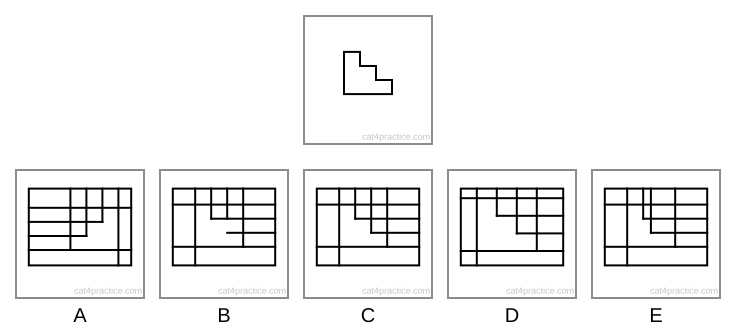 The target: a staircase of three equal steps going down to the right, with an upright left side and a flat bottom. Below it, five rectangles, each divided into smaller pieces by upright lines and lines across.